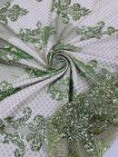 King Damask Lace Fabric - Sage Green - Corded Embroidery with Sequins on Mesh Lace Fabric By Yard