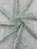 Sword Shaped Sequins - Sage Green - Hanging Iridescent Sequins On Mesh Fabric By Yard