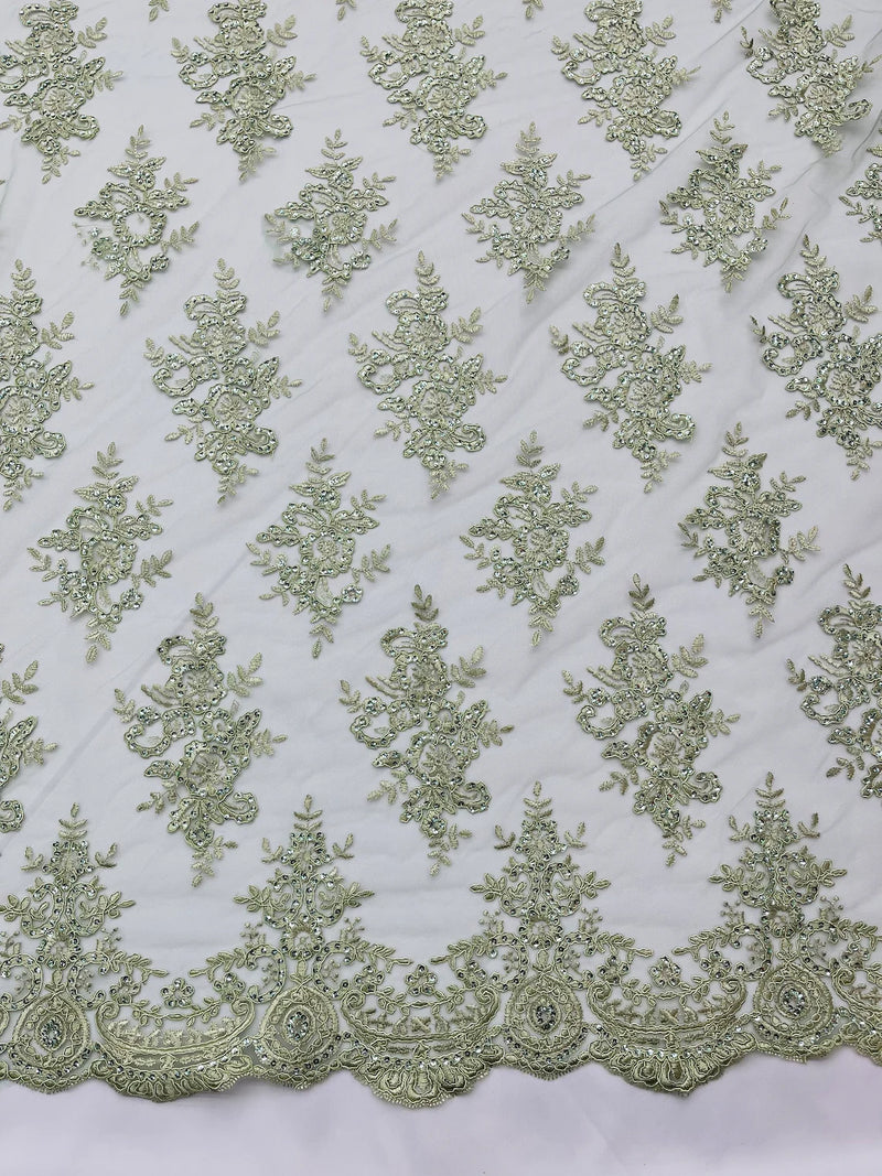 Floral Bridal Lace - Sage Green - Flower Damask Design Embroidered on Mesh Lace Fabric