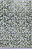 Corded Lace Flower Fabric - Sage Green - Floral Design Embroidered Sequins on Mesh Lace Fabric