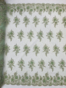 3D Floral Valentina Lace Fabric - Sage Green - Sequins and Beads on Flower Design Fabric By Yard