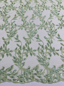 Sage Green Metallic Thread Leaf Design Embroidered With Sequins on a Mesh Lace Fabric by the Yard
