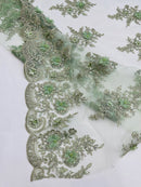 3D Floral Valentina Lace Fabric - Sage Green - Sequins and Beads on Flower Design Fabric By Yard