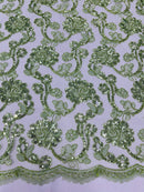 Corded Lace Flower Fabric - Sage Green - Floral Design Embroidered Sequins on Mesh Lace Fabric