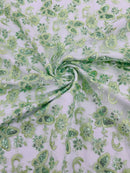 Butterfly Floral Lace Fabric - Sage Green - Butterfly Flower Metallic Design on Lace Fabric By Yard