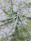 Flower Metallic Lace Fabric - Sage Green - Corded Floral Sequins Design Fabric Embroidered on Lace by Yard