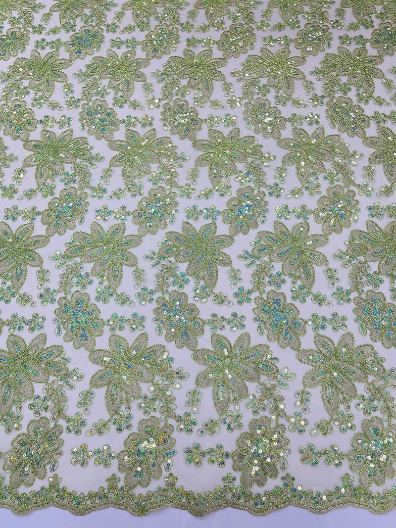 Metallic Floral Lace Fabric - Sage Green - Hologram Sequins Floral Metallic Thread Fabric by Yard
