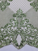 King Damask Lace Fabric - Sage Green - Corded Embroidery with Sequins on Mesh Lace Fabric By Yard