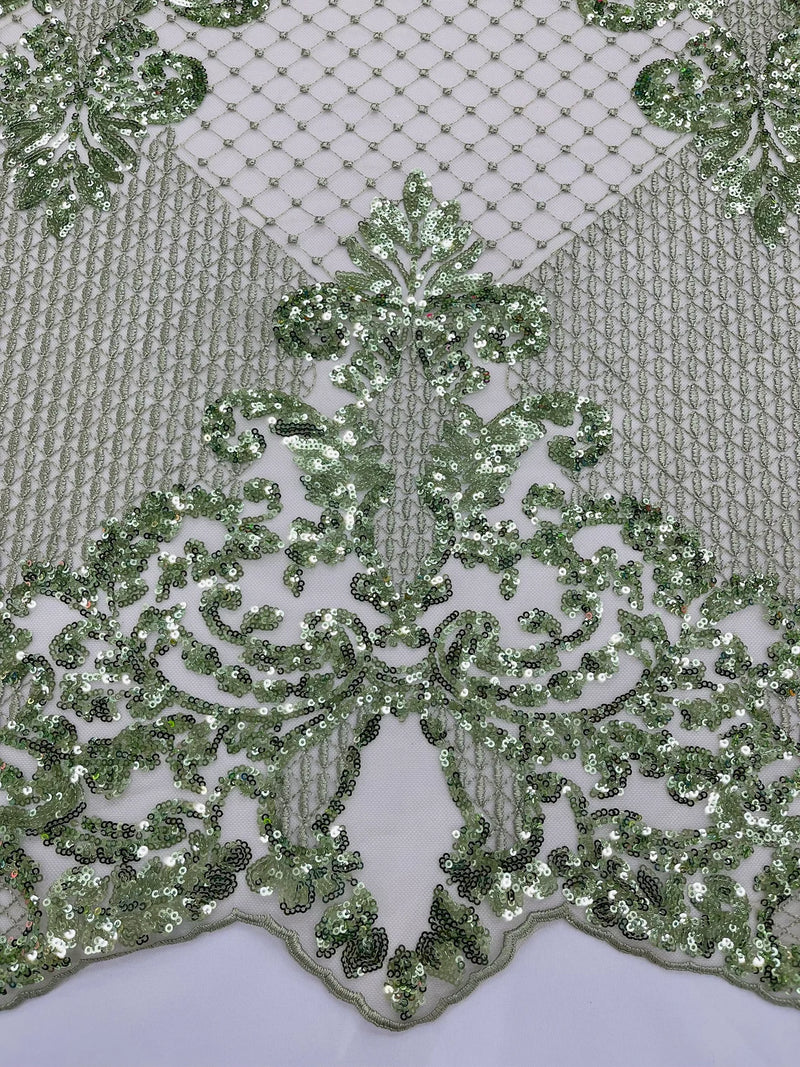 King Damask Lace Fabric - Sage Green - Corded Embroidery with Sequins on Mesh Lace Fabric By Yard