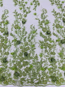 3D Rhinestone Flower Design - Sage Green - Flower Sequins  Embroidered Lace Fabric By Yard