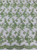 Metallic Floral Butterfly Fabric - Sage Green - Embroidered Floral Butterfly Design Mesh Fabric by Yard
