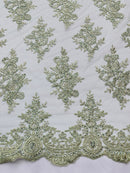 Floral Bridal Lace - Sage Green - Flower Damask Design Embroidered on Mesh Lace Fabric