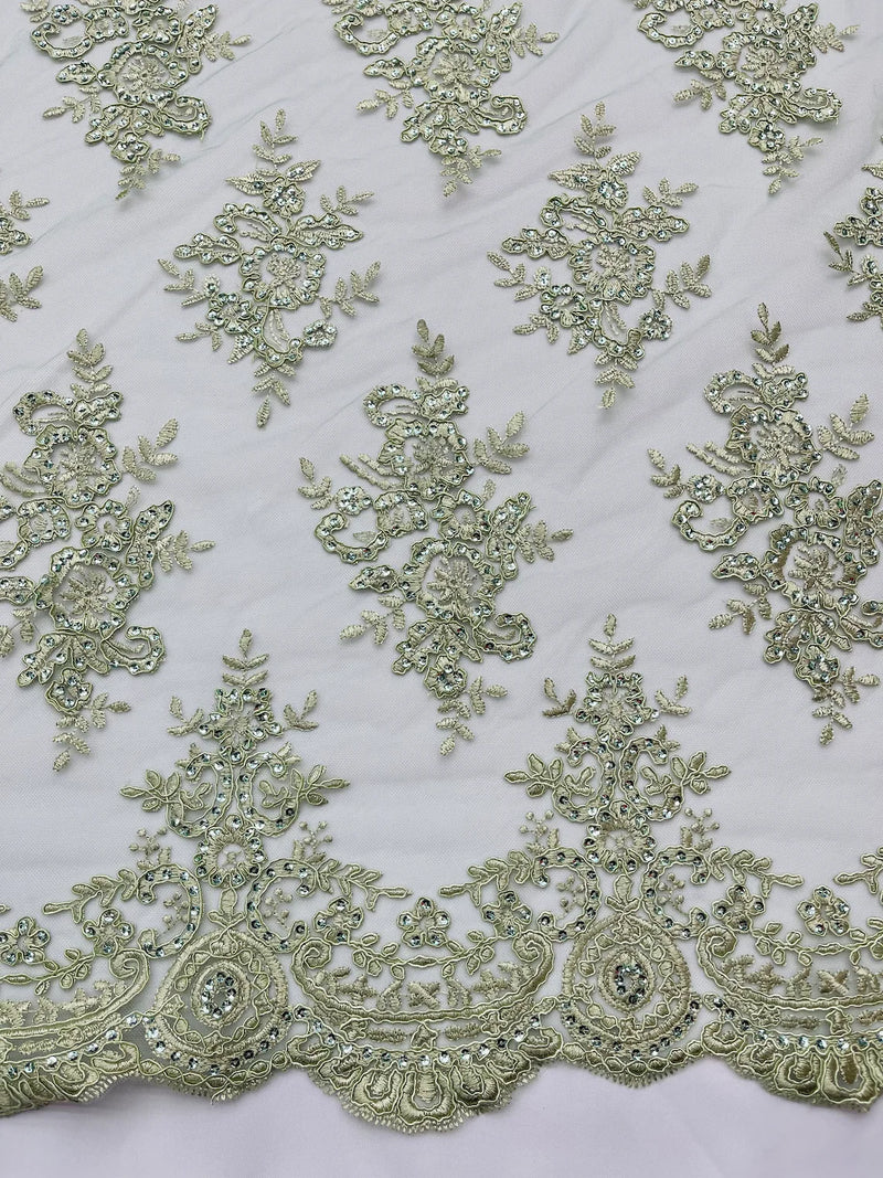 Floral Bridal Lace - Sage Green - Flower Damask Design Embroidered on Mesh Lace Fabric