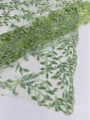 Sage Green Metallic Thread Leaf Design Embroidered With Sequins on a Mesh Lace Fabric by the Yard