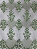 King Damask Lace Fabric - Sage Green - Corded Embroidery with Sequins on Mesh Lace Fabric By Yard