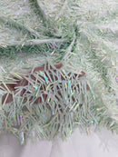 Sword Shaped Sequins - Sage Green - Hanging Iridescent Sequins On Mesh Fabric By Yard