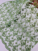 Metallic Floral Butterfly Fabric - Sage Green - Embroidered Floral Butterfly Design Mesh Fabric by Yard