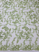 Flower Metallic Lace Fabric - Sage Green - Corded Floral Sequins Design Fabric Embroidered on Lace by Yard