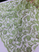 Corded Lace Flower Fabric - Sage Green - Floral Design Embroidered Sequins on Mesh Lace Fabric