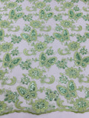 Butterfly Floral Lace Fabric - Sage Green - Butterfly Flower Metallic Design on Lace Fabric By Yard