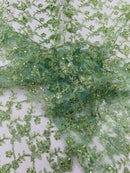 Metallic Floral Butterfly Fabric - Sage Green - Embroidered Floral Butterfly Design Mesh Fabric by Yard