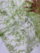 Flower Metallic Lace Fabric - Sage Green - Corded Floral Sequins Design Fabric Embroidered on Lace by Yard