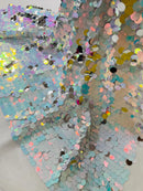 Circle Paillette Sequins - Iridescent Silver / Aqua - Large Round Paillette Sequins Design Fabric By Yard