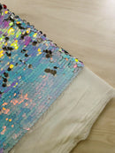 Circle Paillette Sequins - Iridescent Silver / Aqua - Large Round Paillette Sequins Design Fabric By Yard
