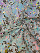 Circle Paillette Sequins - Iridescent Silver / Aqua - Large Round Paillette Sequins Design Fabric By Yard