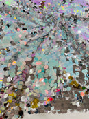 Circle Paillette Sequins - Iridescent Silver / Aqua - Large Round Paillette Sequins Design Fabric By Yard