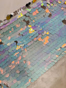 Circle Paillette Sequins - Iridescent Silver / Aqua - Large Round Paillette Sequins Design Fabric By Yard