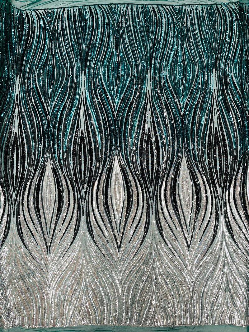 Three Tone Feather Fabric - Silver / Black - 4 Way Stretch Embroidered Sequins By Yard