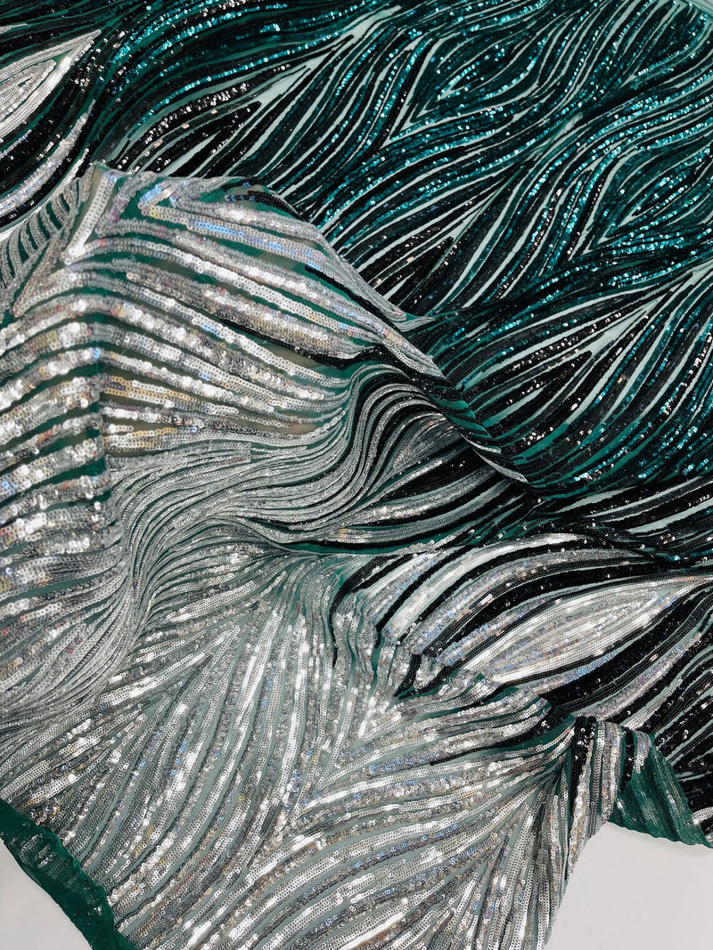 Three Tone Feather Fabric - Silver / Black - 4 Way Stretch Embroidered Sequins By Yard