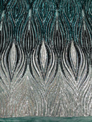 Three Tone Feather Fabric - Silver / Black - 4 Way Stretch Embroidered Sequins By Yard