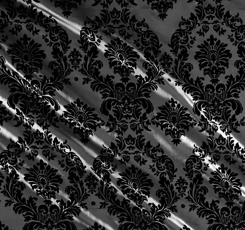 Flocked Damask Taffeta Fabric - Flocked Velvet Fancy Damask Design Taffeta Sold By Yard