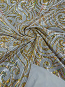 Tribal Swirl Design Spandex - Silver / Gold - 4 Way Stretch Milliskin Holographic Fabric by Yard