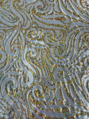 Tribal Swirl Design Spandex - Silver / Gold - 4 Way Stretch Milliskin Holographic Fabric by Yard