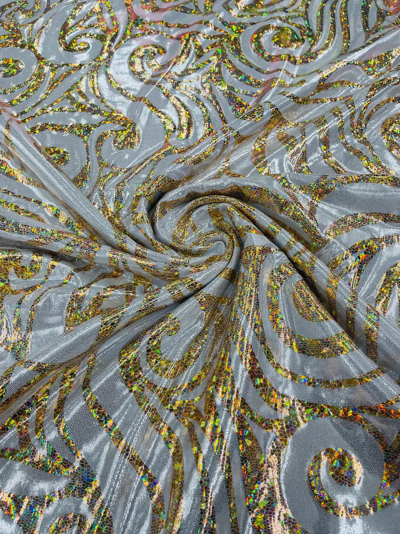 Tribal Swirl Design Spandex - Silver / Gold - 4 Way Stretch Milliskin Holographic Fabric by Yard