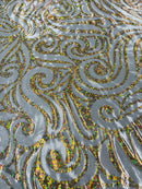 Tribal Swirl Design Spandex - Silver / Gold - 4 Way Stretch Milliskin Holographic Fabric by Yard