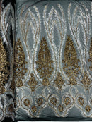 Palm Leaf Damask Sequins - Silver / Gold on Black - 4 Way Stretch Sequins Leaf Design Fabric By Yard