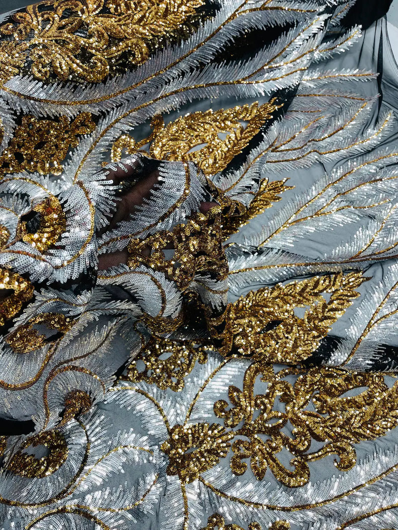 Palm Leaf Damask Sequins - Silver / Gold on Black - 4 Way Stretch Sequins Leaf Design Fabric By Yard