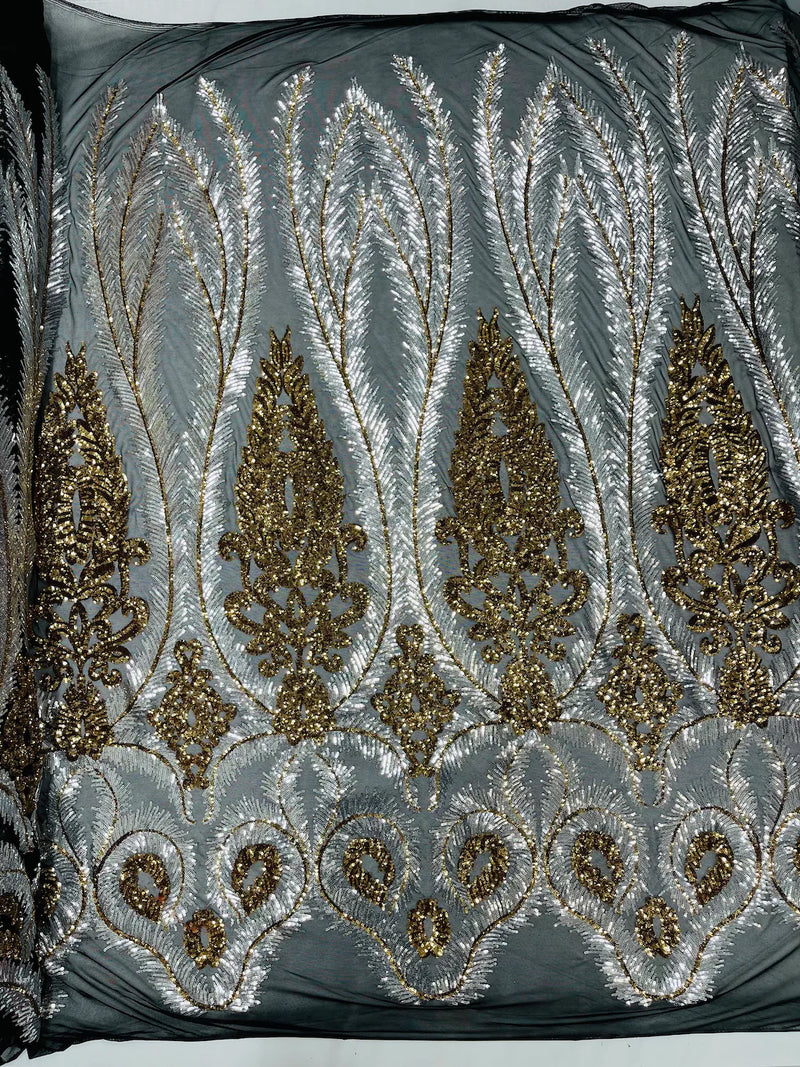 Palm Leaf Damask Sequins - Silver / Gold on Black - 4 Way Stretch Sequins Leaf Design Fabric By Yard