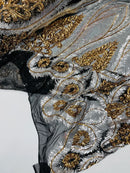 Palm Leaf Damask Sequins - Silver / Gold on Black - 4 Way Stretch Sequins Leaf Design Fabric By Yard