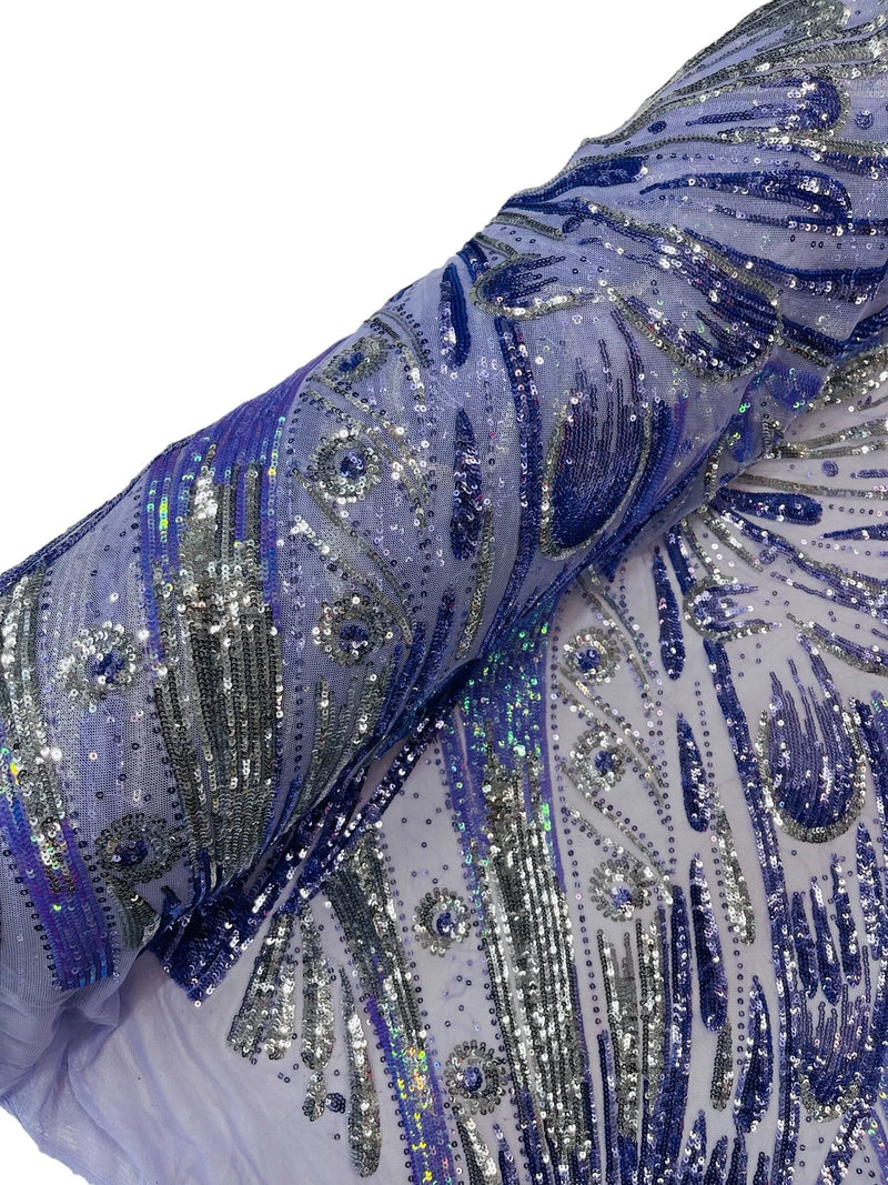 Olivia Sequins Design - Silver / Lilac - 4 Way Stretch Multi Color Sequin Fabric on Mesh Sold By The Yard