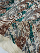 Olivia Sequins Design - Silver/Rose Gold/Green - 4 Way Stretch Multi Color Sequin Fabric on Mesh Sold By The Yard