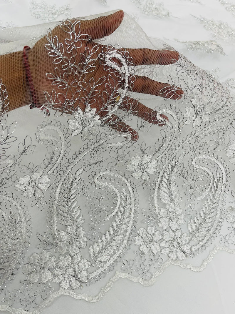 Metallic Paisley Floral Lace - Silver / White - Corded Floral Lace with Metallic Thread on Mesh By Yard