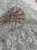 Palm Leaf Design Glitter Fabric - Silver / White - Tulle Glitter Mesh Line Design Fabric Sold By Yard