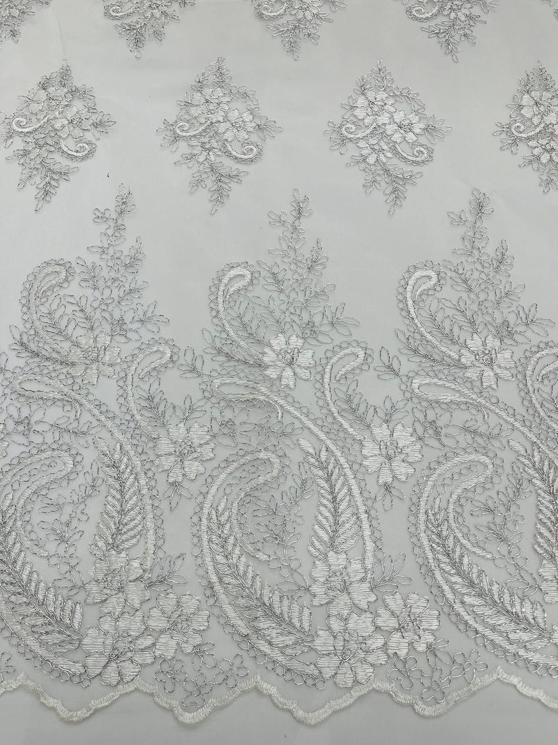 Metallic Paisley Floral Lace - Silver / White - Corded Floral Lace with Metallic Thread on Mesh By Yard