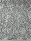 Palm Leaf Design Glitter Fabric - Silver / White - Tulle Glitter Mesh Line Design Fabric Sold By Yard