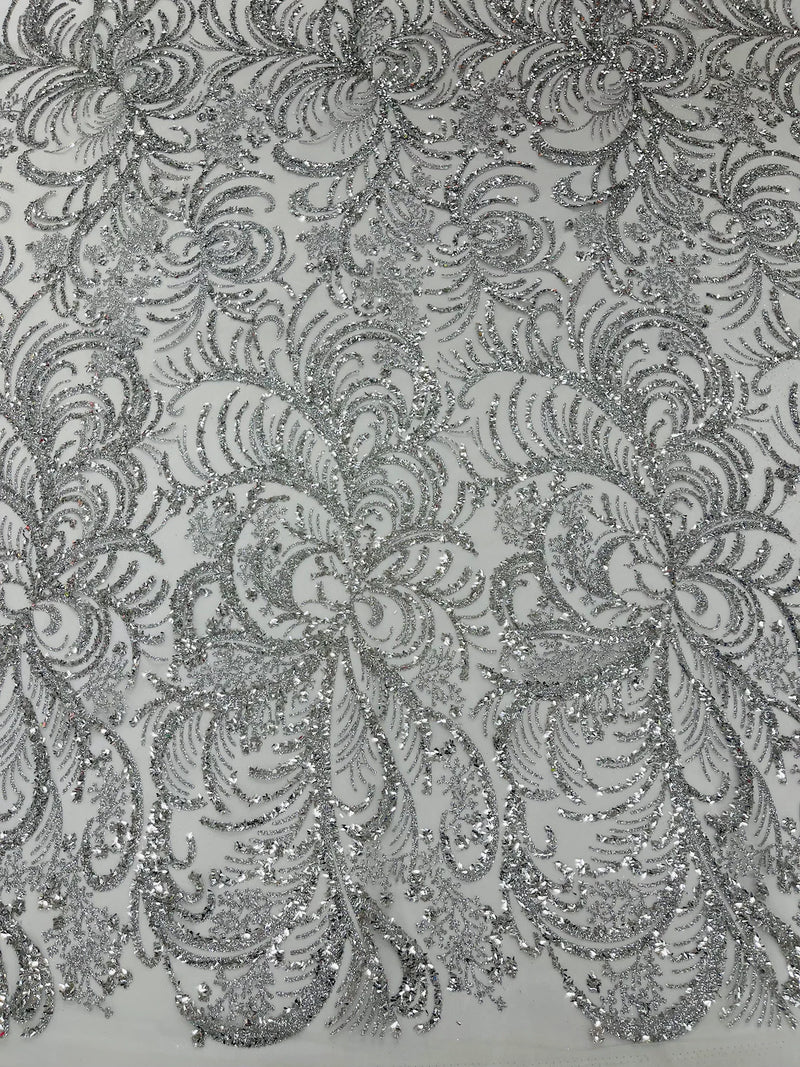 Palm Leaf Design Glitter Fabric - Silver / White - Tulle Glitter Mesh Line Design Fabric Sold By Yard